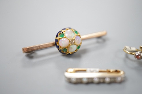 A small Edwardian yellow metal, diamond chip and seed pearl set bar brooch, 20mm, one other gem set bar brooch(adapted) and a single gem set earring, gross 6.1 grams.